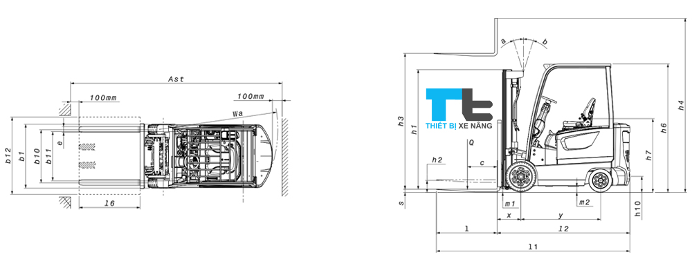Hình vẽ tổng thể xe nâng điện 2.5 tấn 4 bánh ngồi lái Doosan